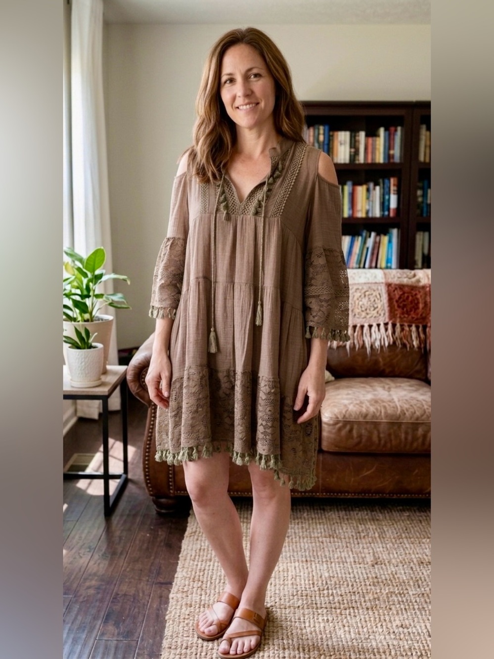Boho Cold Shoulder Lace Trim Tassel Tunic Dress - Size 6 - Excellent Condition